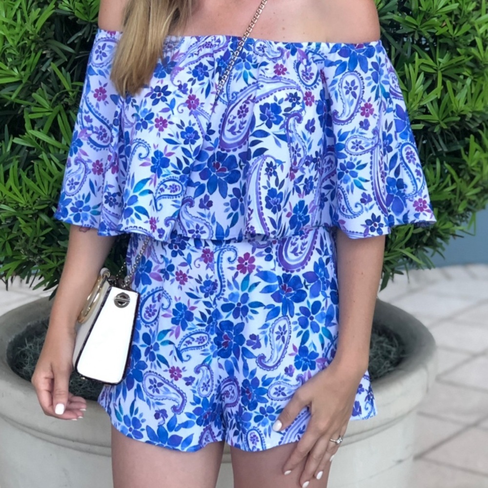 Show Me Your MuMu Blue & Purple Floral Off-Shoulder Romper